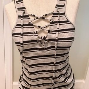 Slightly Cropped Striped Lace Up Tank